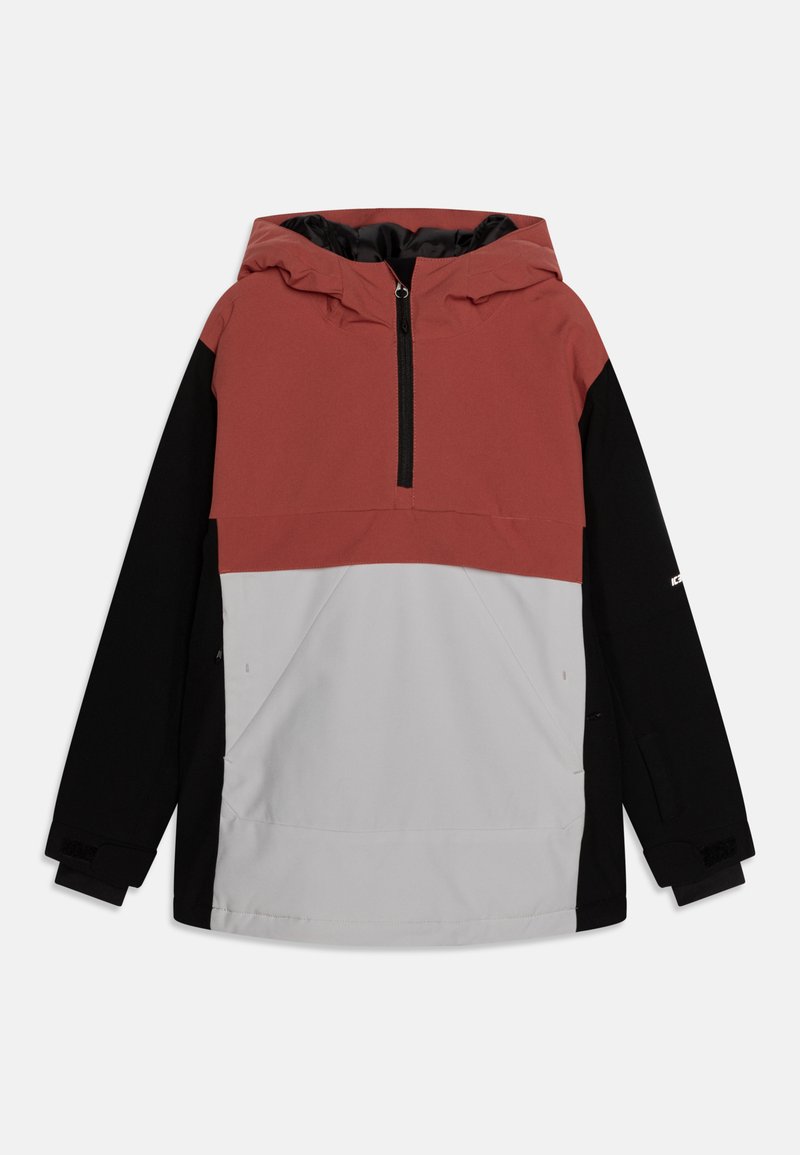 Veste à col monté bicolore avec une section supérieure rouge, un milieu gris et des manches noires. Elle présente une fermeture à demi-zip et deux poches avant.