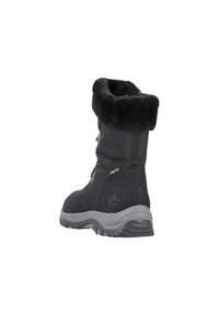 Black waterproof boots with faux fur collar, textured upper material, sturdy gray rubber sole, and lace-up front for a secure fit.