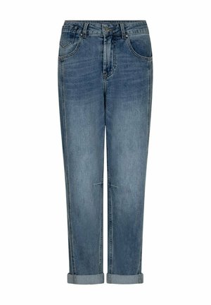 Blauwe denim jeans met een rechte pasvorm, opgerolde boorden, voorzakken en een knoopsluiting in de taille.