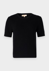 Pull noir en maille à manches courtes avec un col rond et une texture côtelée. Il présente une coupe droite et un design minimaliste sans accents.