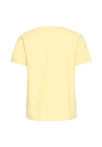 T-shirt uni jaune clair à manches courtes, vu de dos, avec un col rond et une coupe standard.