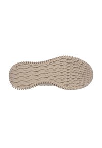 Såle på en sko med et teksturert, bølgeformet mønster, laget av fleksibel beige gummi med en rillet kant for bedre grep.