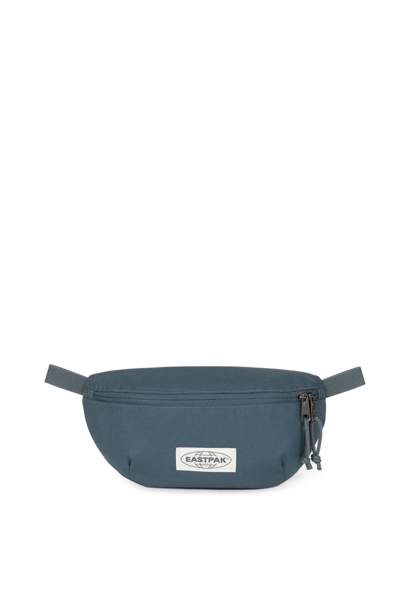 Marsupio Eastpak in stoffa blu scuro, forma ovale con chiusura a zip, tracolla regolabile e patch con logo sulla parte anteriore.