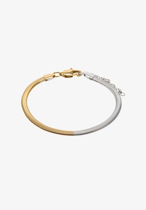 Bransoletka z metalu w kolorze złotym i srebrnym o elastycznym, zygzakowatym wzorze, wyposażona w zapięcie typu karabińczyk i regulowany łańcuszek do dopasowania rozmiaru.