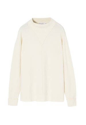 Krém színű pulóver, puha kötött anyagból, bordázott kerek nyakkal és mandzsettákkal, a felső részén finom V-alakú varrási részlet található.