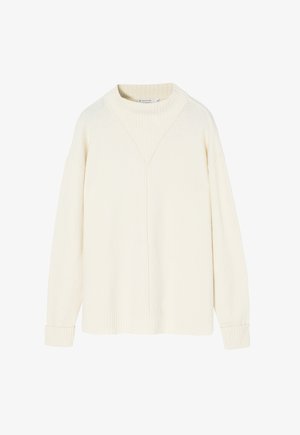 Krém színű pulóver, puha kötött anyagból, bordázott kerek nyakkal és mandzsettákkal, a felső részén finom V-alakú varrási részlet található.