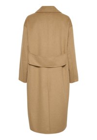 Camel-farbenem Wollmantel mit Kragen, oversized Schnitt und weitem Ärmel, mit einem Rückengurt und glatter Textur.