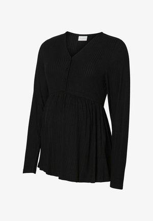 Melnas garām piedurknēm mātes krekls ar V-veida kakla izgriezumu, ribotu tekstūru, pogu detaļām un plūstošu apakšmalu, kas paredzēts komfortam un stilam grūtniecības laikā.