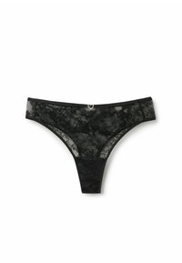 Czarny koronkowy string z kwiatowymi wzorami, jedwabnym paskiem w talii i małym srebrnym zawieszkiem w kształcie serca na środku z przodu. Całość zdobiona teksturowaną koronką.