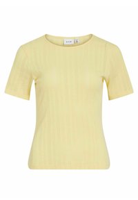 Top de manga corta color amarillo, hecho de tejido de punto, con un patrón de canalé vertical y un escote redondo. Textura suave, forma ajustada.