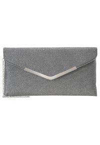 Pochette grise texturée avec un accent en chevron métallique. Dotée d'une bandoulière chaîne amovible pour des options de port polyvalentes.