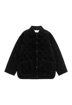 Black corduroy jacket with diamond quilted pattern, pointed collar, front snap closures, and two large patch pockets. Soft texture.