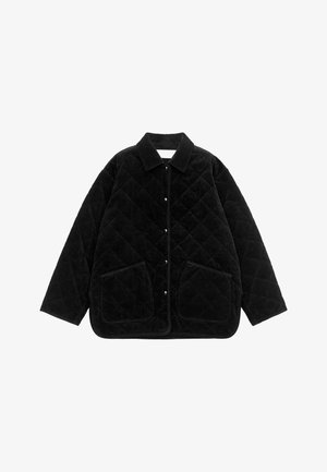 Black corduroy jacket with diamond quilted pattern, pointed collar, front snap closures, and two large patch pockets. Soft texture.