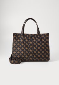 Borsa a tracolla nera con superficie texturizzata, caratterizzata da un motivo a logo marrone, manici doppi e una tracolla staccabile.