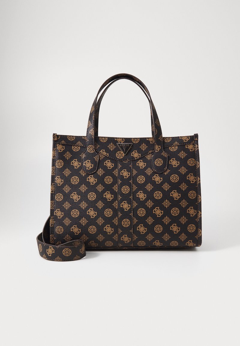 Borsa a tracolla nera con superficie texturizzata, caratterizzata da un motivo a logo marrone, manici doppi e una tracolla staccabile.