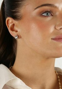 Silverfärgade studs har en rund, klar ädelsten i mitten, omgiven av en texturerad silverring. Modellen bär en ljus blus.