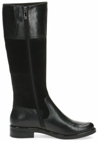 Knee-high black leather and suede boot with a side zipper, rounded toe, and a low block heel. Features a smooth texture and sleek design.