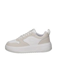 Sneaker bianco con una punta in pelle liscia, dettagli in suede e una suola in gomma testurizzata. Logo impressa sul lato e sul tallone.
