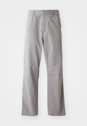 Gray cotton pants with a straight-leg design, featuring a front button closure and belt loops. Smooth texture and minimal detailing.