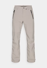 Beige outdoor pants with a smooth texture, featuring two side zippered pockets and a snap button closure at the waistband.