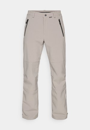 Beige Outdoor-Hosen mit glatter Textur, ausgestattet mit zwei seitlichen Reißverschlusstaschen und einem Druckknopfverschluss am Bund.