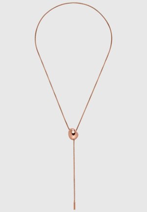 Roze gouden ketting met een dunne ketting en een gladde ovale hanger in het midden, die naar beneden uitsteekt met een rechte accent aan het einde.