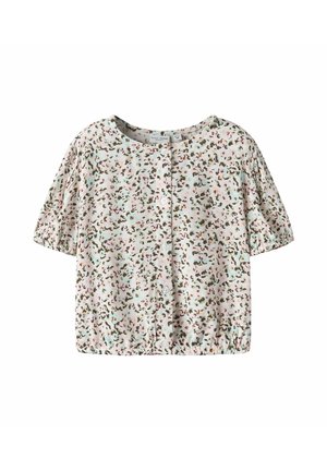 Blusa de manga corta en colores pastel claros con un estampado floral, cuello redondo y cierre frontal con botones, con fruncido elástico en el dobladillo.