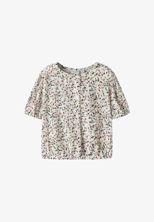 Blouse met korte mouwen in lichte pasteltinten met een bloemenpatroon, ronde halslijn en knoopsluiting aan de voorkant met elastische ruches aan de zoom.