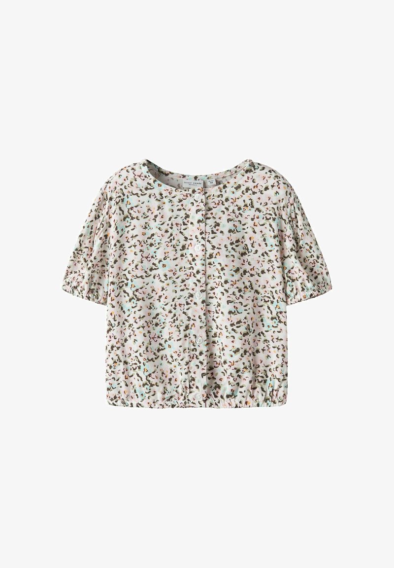 Blusa a maniche corte in colori pastello chiari con motivo floreale, scollo rotondo e davanti con bottoni e arricciatura elastica all'orlo.