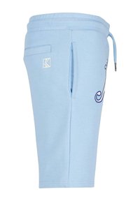 Pantalones cortos de color azul claro en una tela suave con cintura elástica y cordón. Presenta bolsillos laterales y bordados decorativos en la pierna.