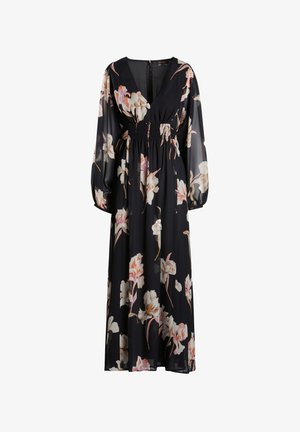 Sort blomsterkjole med dyb V-udskæring, lange gennemsigtige ærmer, smocket talje og store lyserøde og hvide blomster mønstre overalt.