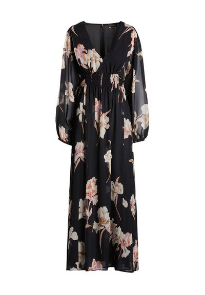 Rochie neagră cu model floral, cu decolteu adânc în V, mâneci lungi din material transparent, talie elastică și modele mari de flori roz și albe pe întreaga suprafață.