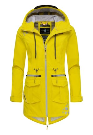 Veste de pluie jaune à capuche avec fermeture éclair frontale, cordons de taille réglables, deux poches poitrine zippées et poches à rabat pour les mains.