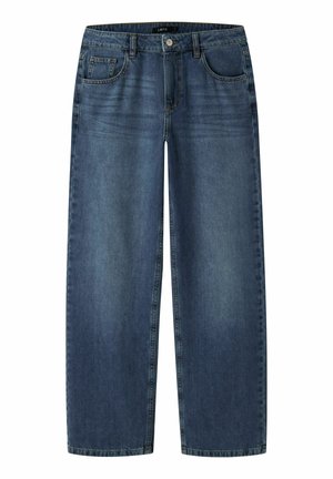 Blå denimjeans med lige ben, forlommer, bæltestropper, knaplukning og subtil falming på lår og knæ.