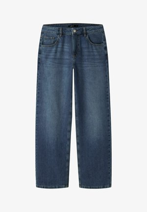 Blå denimjeans med lige ben, forlommer, bæltestropper, knaplukning og subtil falming på lår og knæ.