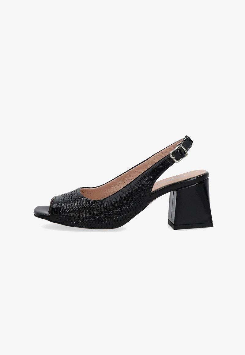 Black slingback heels with peep toe, featuring a textured surface and a squared block heel for stability. Accented with a buckle strap.