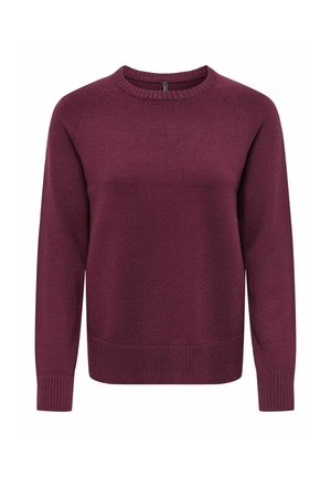 Pull à manches longues avec col rond en maille bordeaux foncé avec poignets et ourlet côtelés.