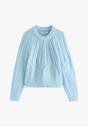 Maglione lavorato a maglia azzurro chiaro con scollo rotondo, motivo testurizzato e polsini e orlo a coste. Vestibilità corta e squadrata con una texture morbida.