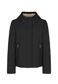 Giacca nera con colletto alto, tasche laterali con zip e una morbida fodera interna marrone chiaro. Texture esterna liscia, design minimale.
