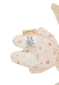 Soft plush hand puppet is predominantly light pink, featuring floral patterns, a fluffy white accent, and a stitched brand label.