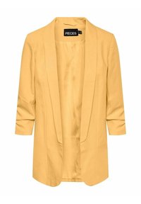 Żółta marynarka z klapami, o długości trzech ćwierć rękawów. Wykonana z gładkiego materiału, charakteryzuje się minimalistycznym designem i otwartym przodem.