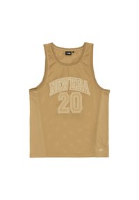 Μπεζ διαφανές αμάνικο τοπ με την επιγραφή «NEWERA» και τον αριθμό «20» σε λευκό. Διαθέτει κλασικό αμάνικο σχέδιο και στρογγυλή λαιμόκοψη.