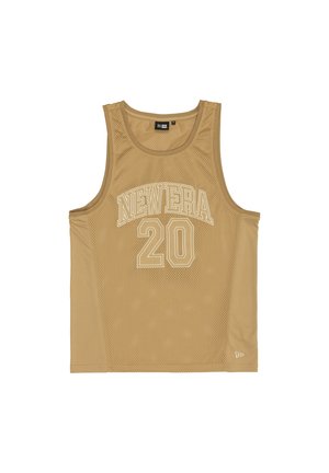 Débardeur en maille de couleur beige avec "NEWERA" et le numéro "20" imprimés en blanc. Il présente un design classique sans manches et un col rond.