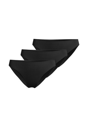 Tre mutandine nere semplici in stile bikini disposte in una fila sfalsata su uno sfondo bianco.