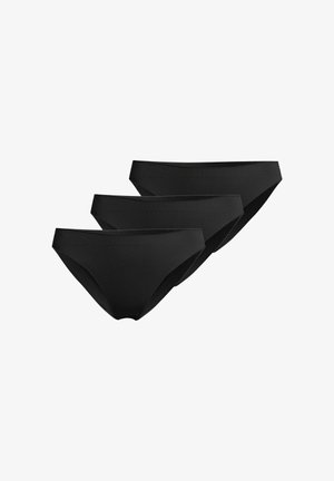 Drei schlichte schwarze Bikini-Unterhosen, in versetzter Reihe auf weißem Hintergrund angeordnet.