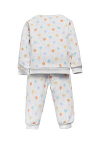 Conjunto infantil de dos piezas hecho de suave tela gris con patrones de globos coloridos. La parte superior tiene un cuello redondo y mangas largas; los pantalones tienen puños elásticos.