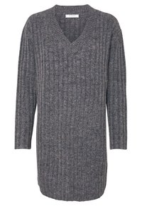 Dlouhý šedý pletený svetr s žebrováním, s výstřihem do V a dlouhými rukávy, navržený pro volný střih.