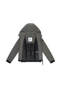 Szara kurtka z kapturem o gładkiej powierzchni zewnętrznej, ściągaczami na mankietach i czarną podszewką wewnętrzną. Posiada metkę wewnątrz oraz zamek błyskawiczny po bokach.