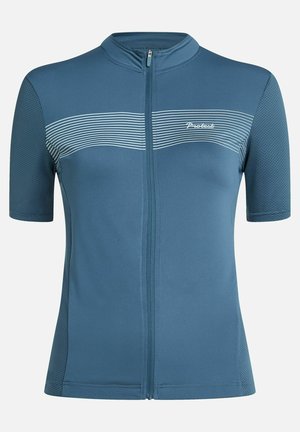 Blå cykeltrøje med korte ærmer og hel lynlås, der har et horisontalt stribet mønster over brystet og strukturerede sidepaneler.