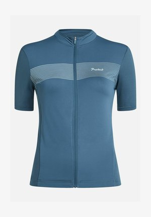 Mėlyna dviratininko marškinėliai trumpomis rankovėmis su pilnu užtrauktuku, turintys horizontalią juostelę per krūtinę ir tekstūruotas šonines dalis.